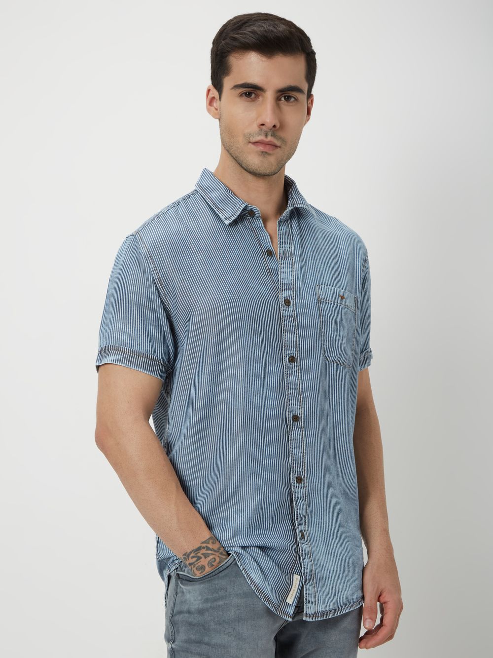 Iced Light Blue Pin Stripe Slim Fit Casual Shirt