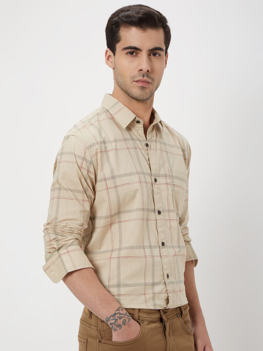 Khaki Windowpane Check Shirt 