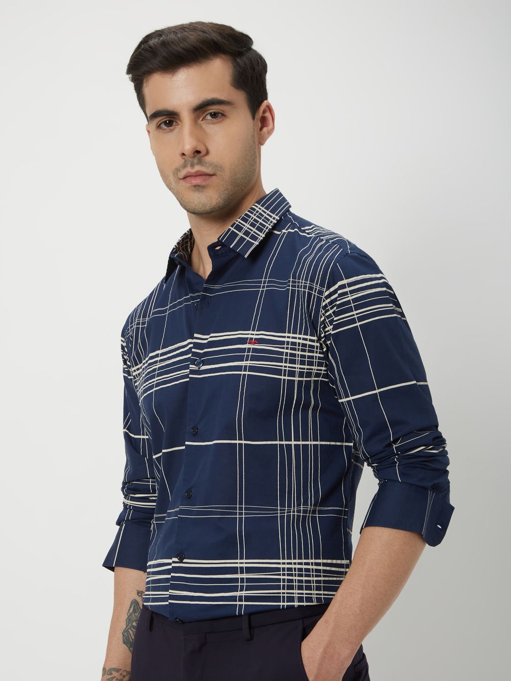 Navy Printed Check Lightweight Shirt