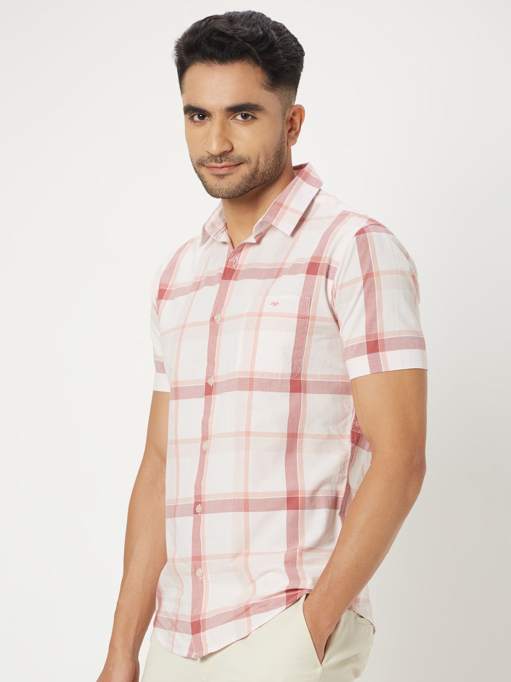 Peach Windowpane Check Slim Fit Casual Shirt