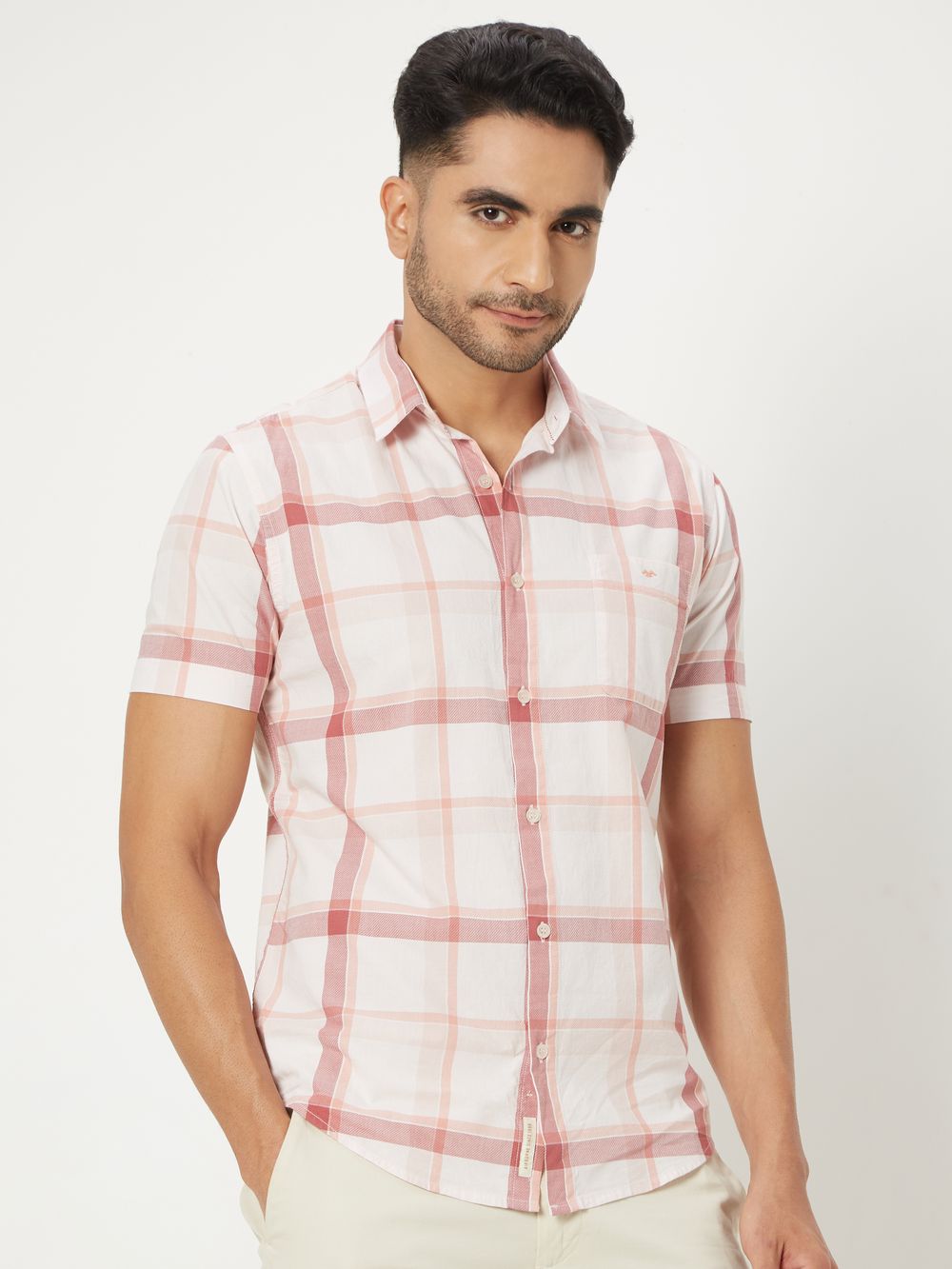 Peach Windowpane Check Slim Fit Casual Shirt