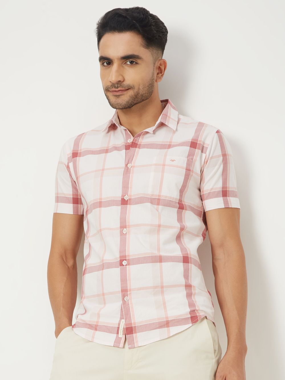 Peach Windowpane Check Slim Fit Casual Shirt