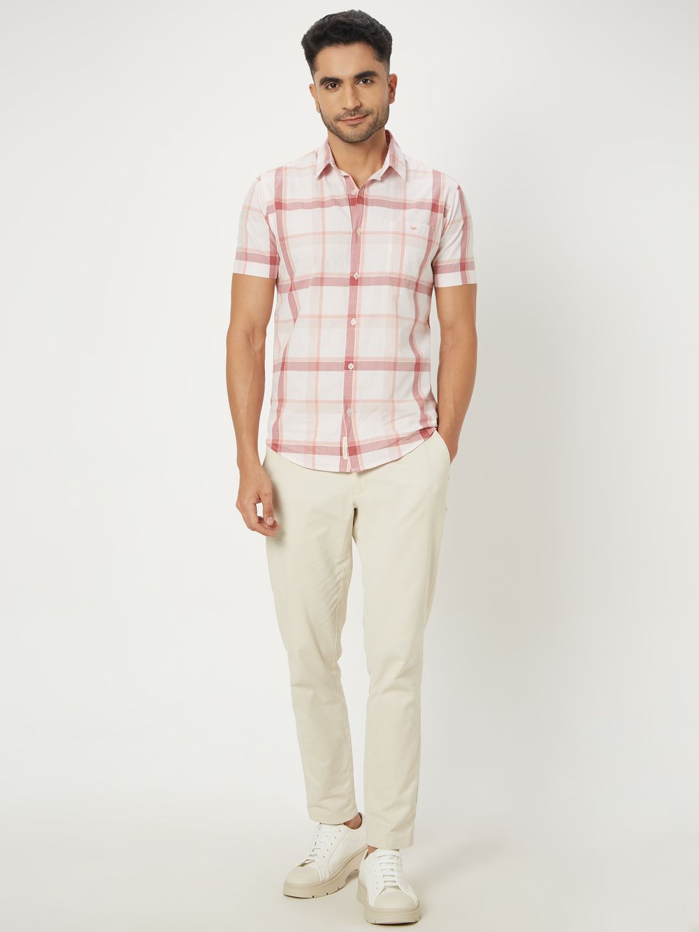 Peach Windowpane Check Slim Fit Casual Shirt