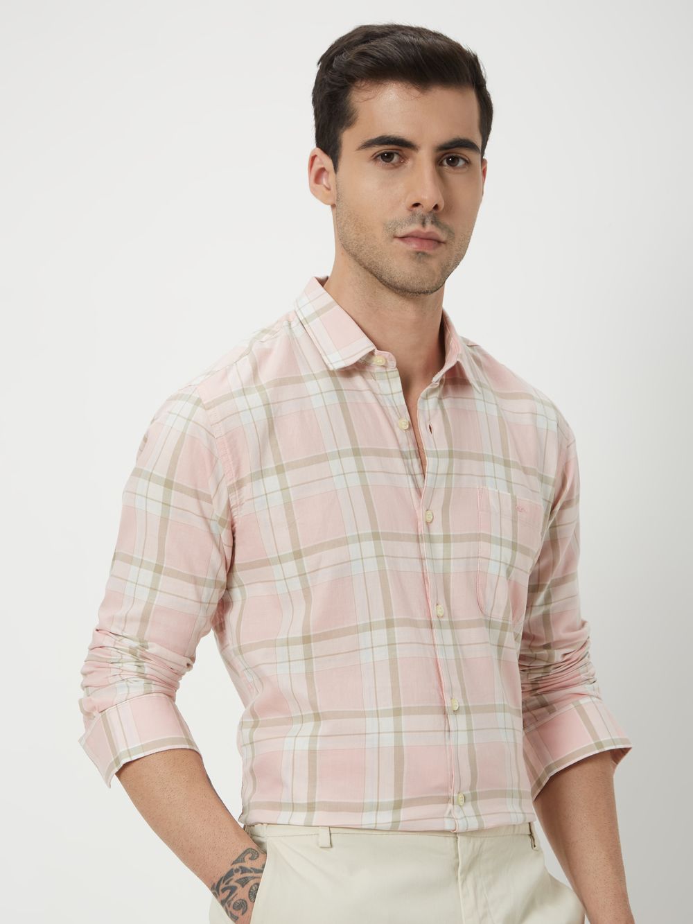 Pink Large Check Slim Fit Casual Shirt