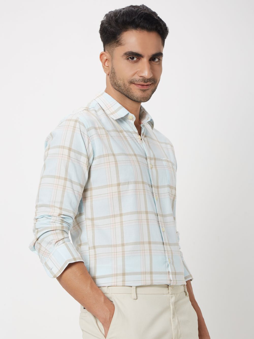 Light Blue Large Check Slim Fit Casual Shirt