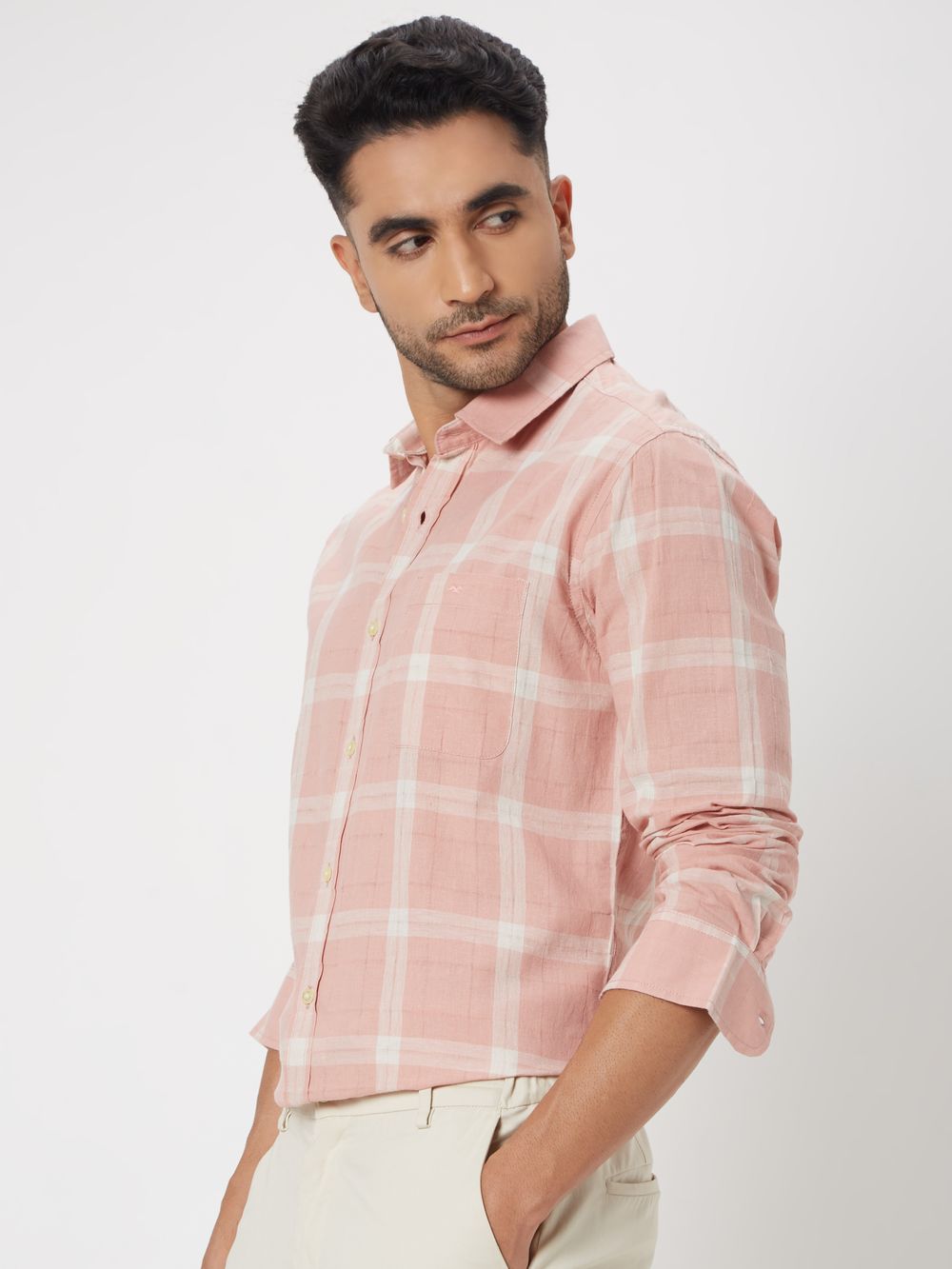 Pastel Pink Windowpane Check Slim Fit Casual Shirt