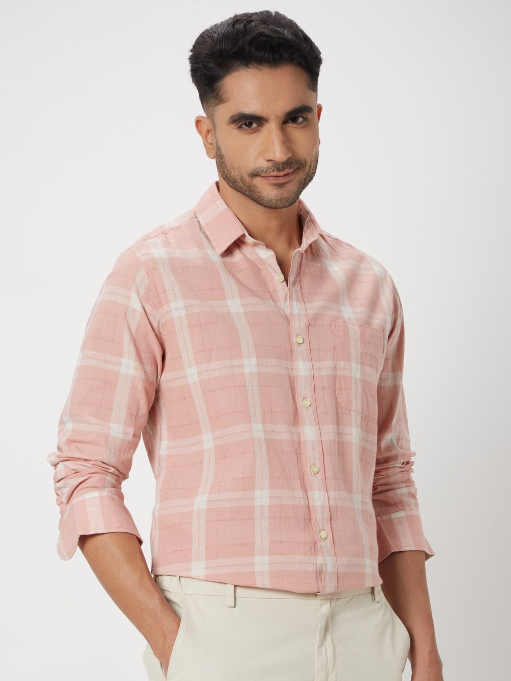 Pastel Pink Windowpane Check Slim Fit Casual Shirt