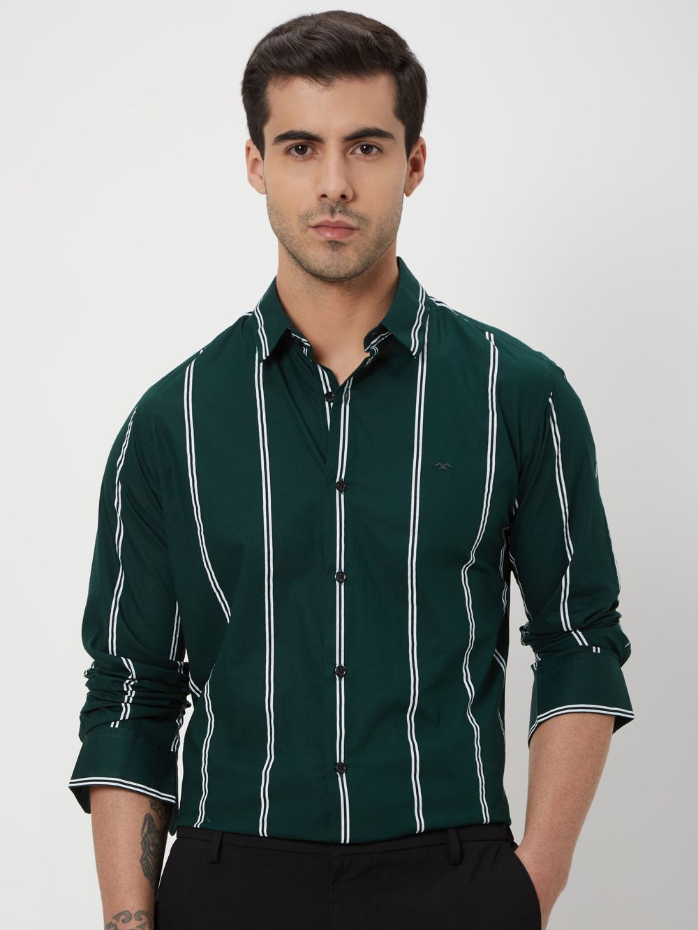 Green Printed Stripe Slim Fit Casual Shirt