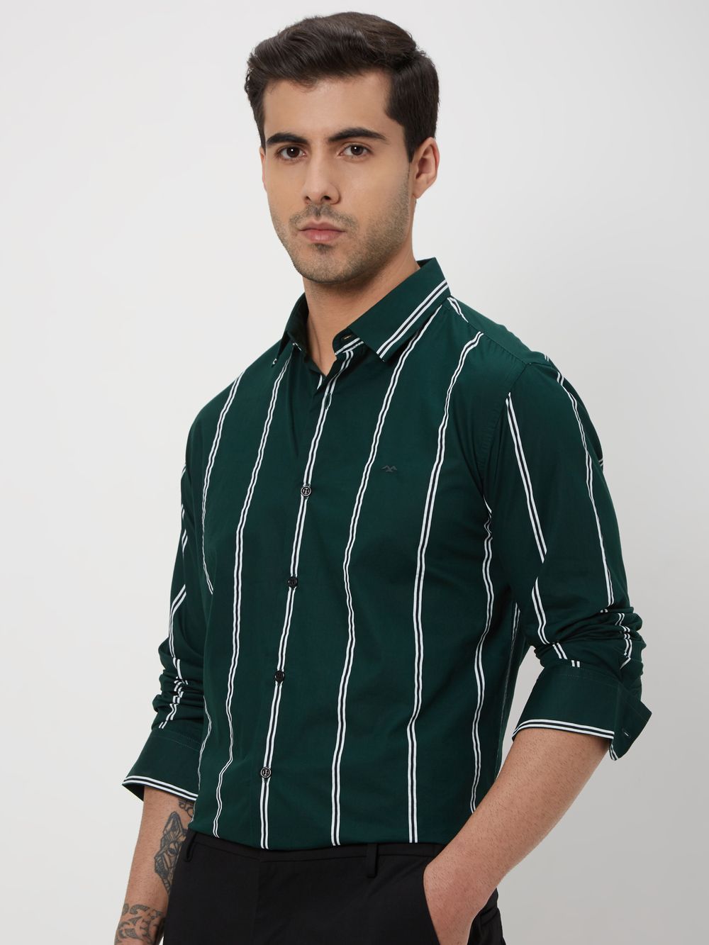 Green Printed Stripe Slim Fit Casual Shirt