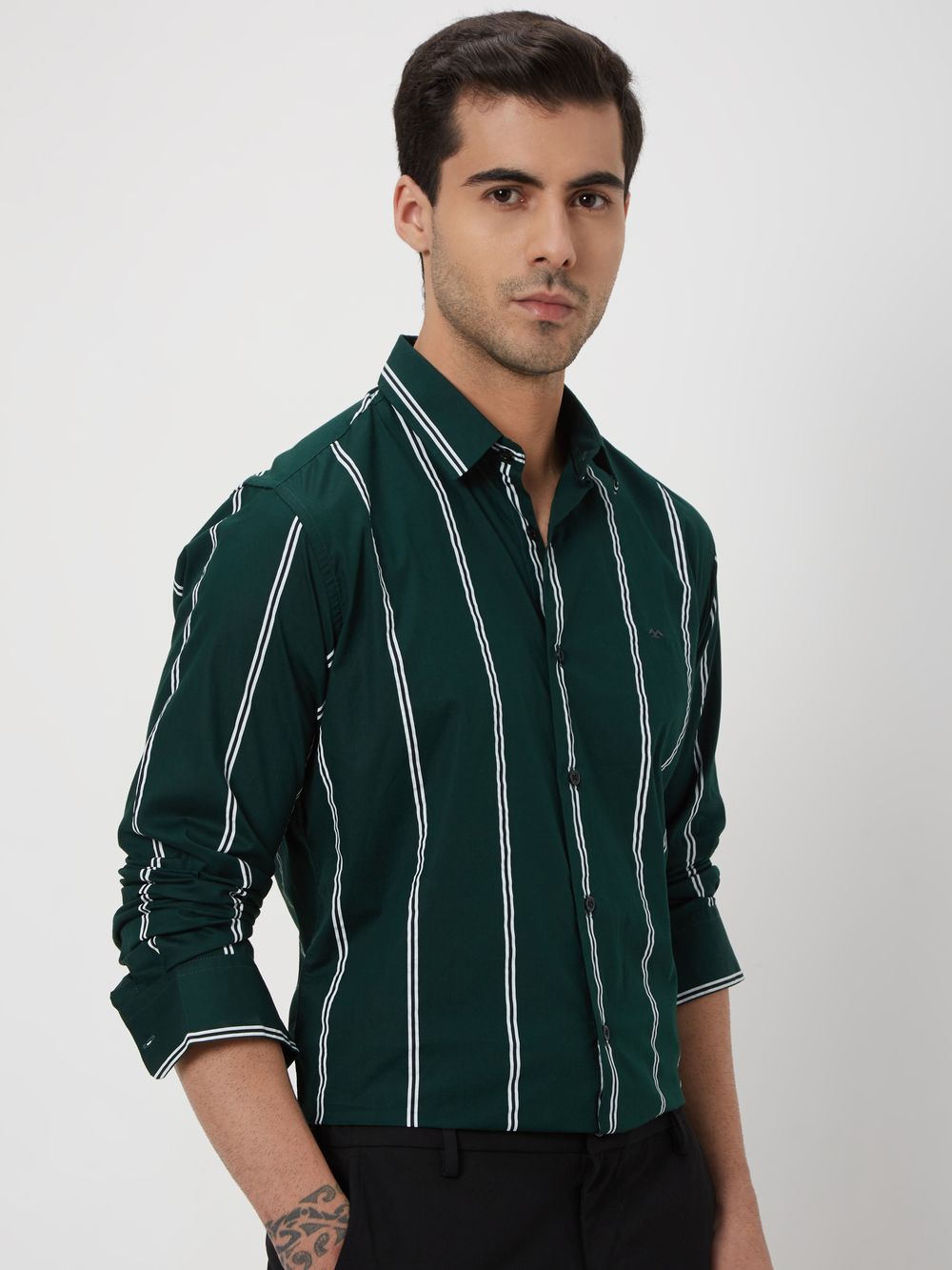 Green Printed Stripe Slim Fit Casual Shirt