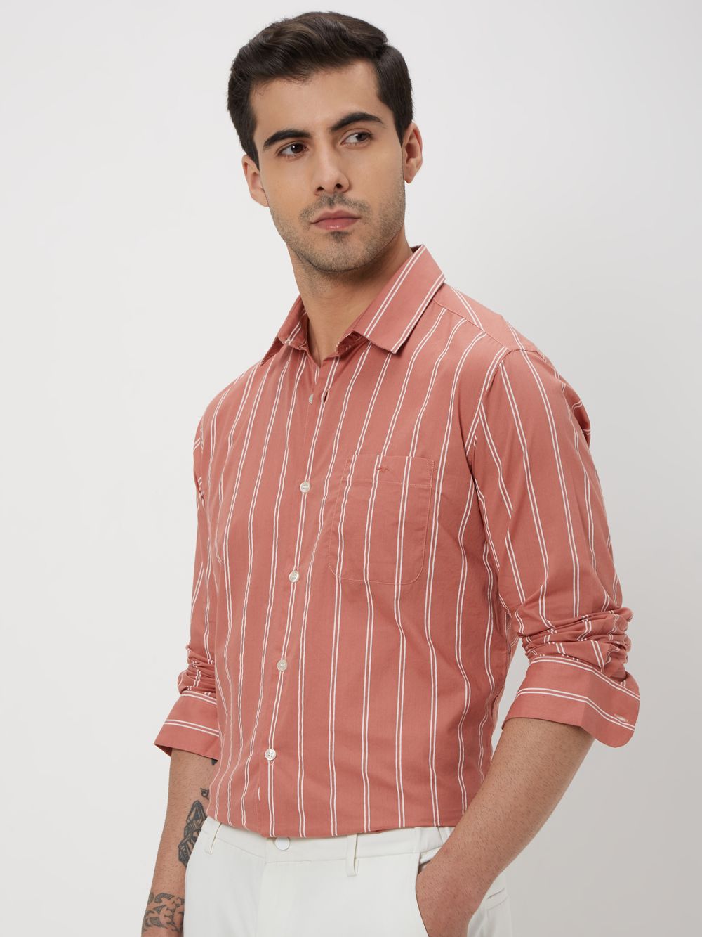 Pink Printed Stripe Slim Fit Casual Shirt