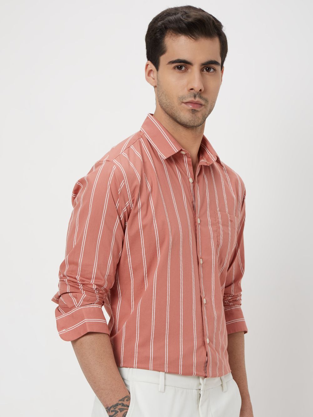 Pink Printed Stripe Slim Fit Casual Shirt