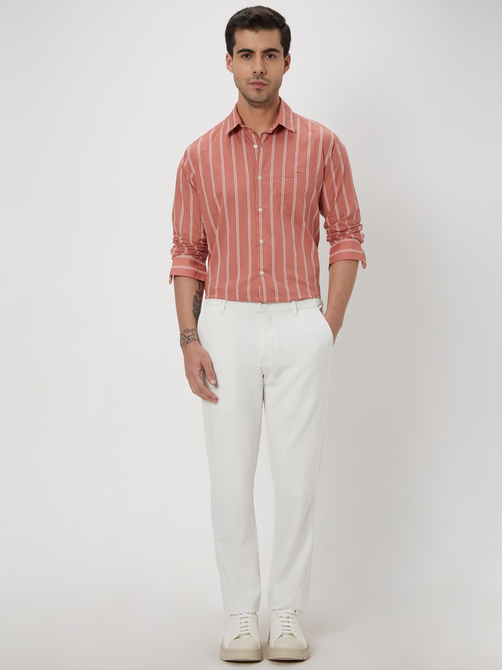 Pink Printed Stripe Slim Fit Casual Shirt
