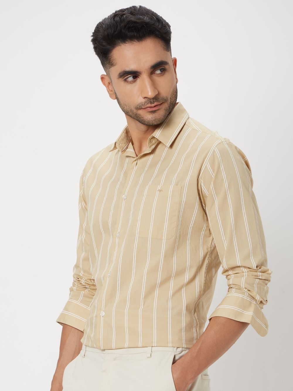 Beige Printed Stripe Slim Fit Casual Shirt