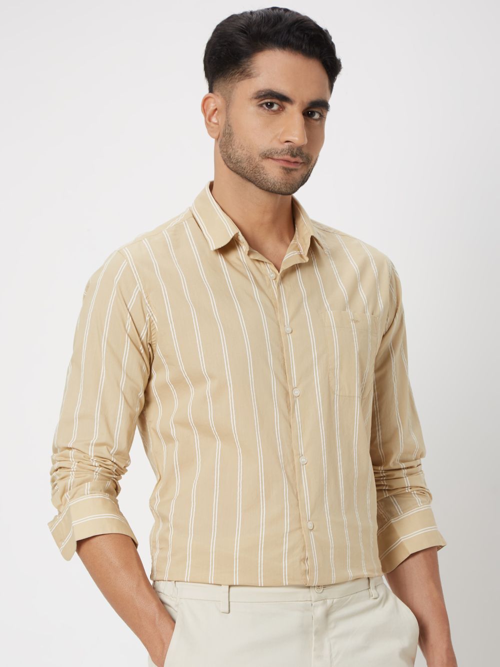 Beige Printed Stripe Slim Fit Casual Shirt