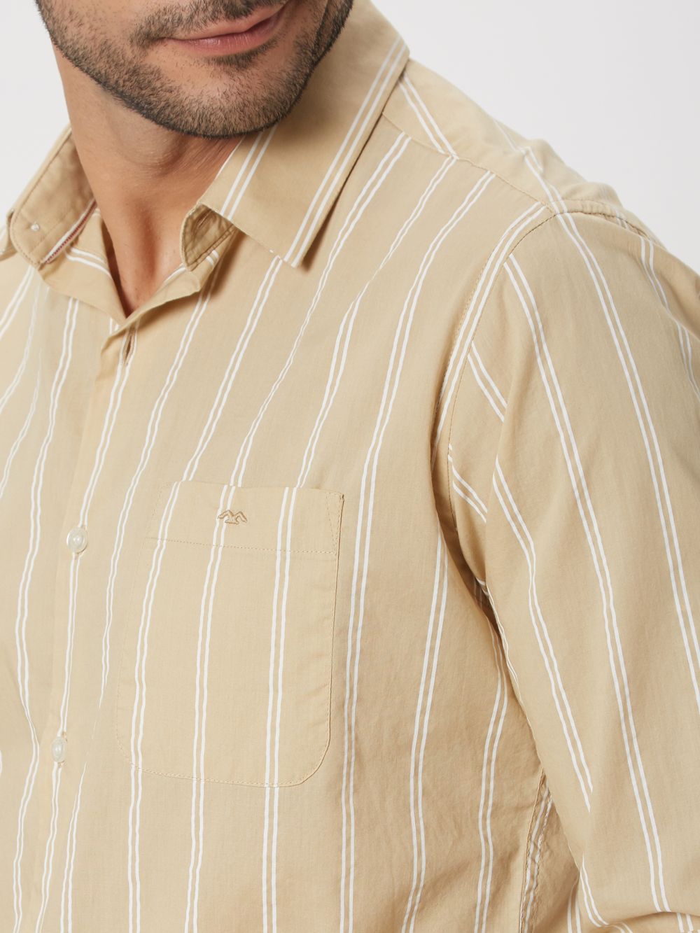Beige Printed Stripe Slim Fit Casual Shirt