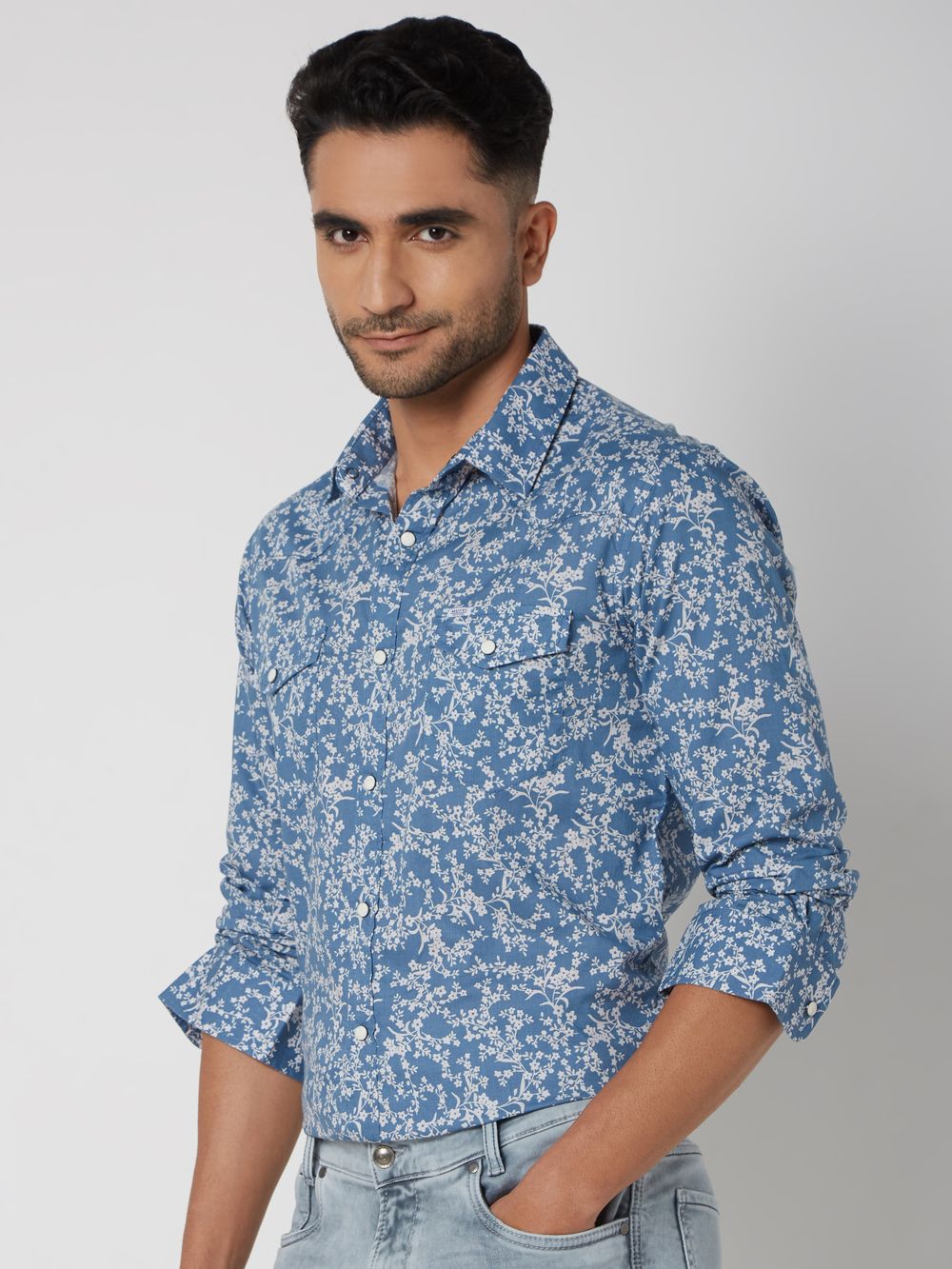 Blue Westernprint Slim Fit Casual Shirt