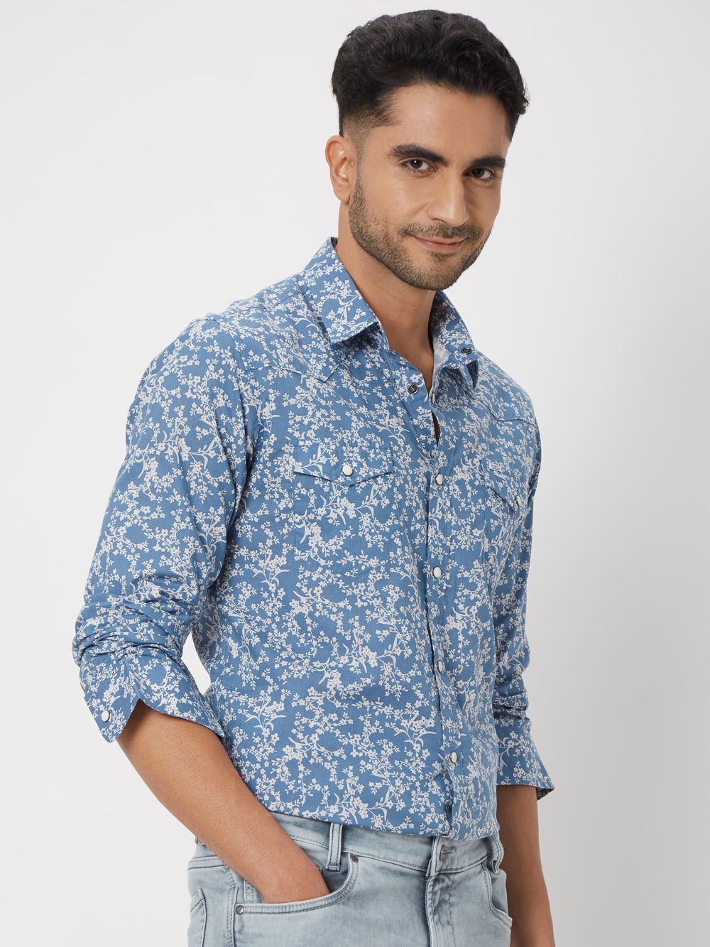 Blue Westernprint Slim Fit Casual Shirt