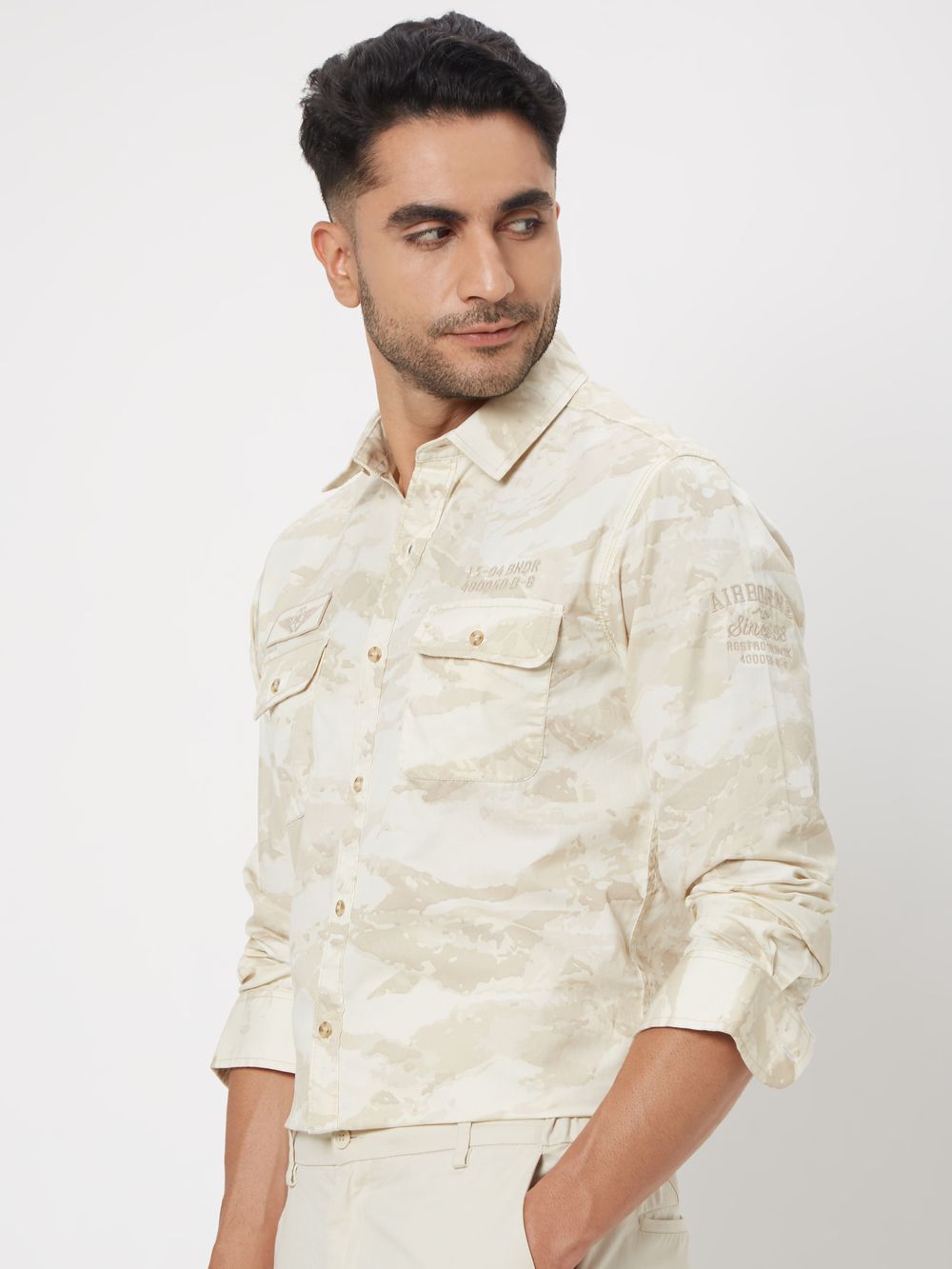 Beige & White Camo Print Shirt