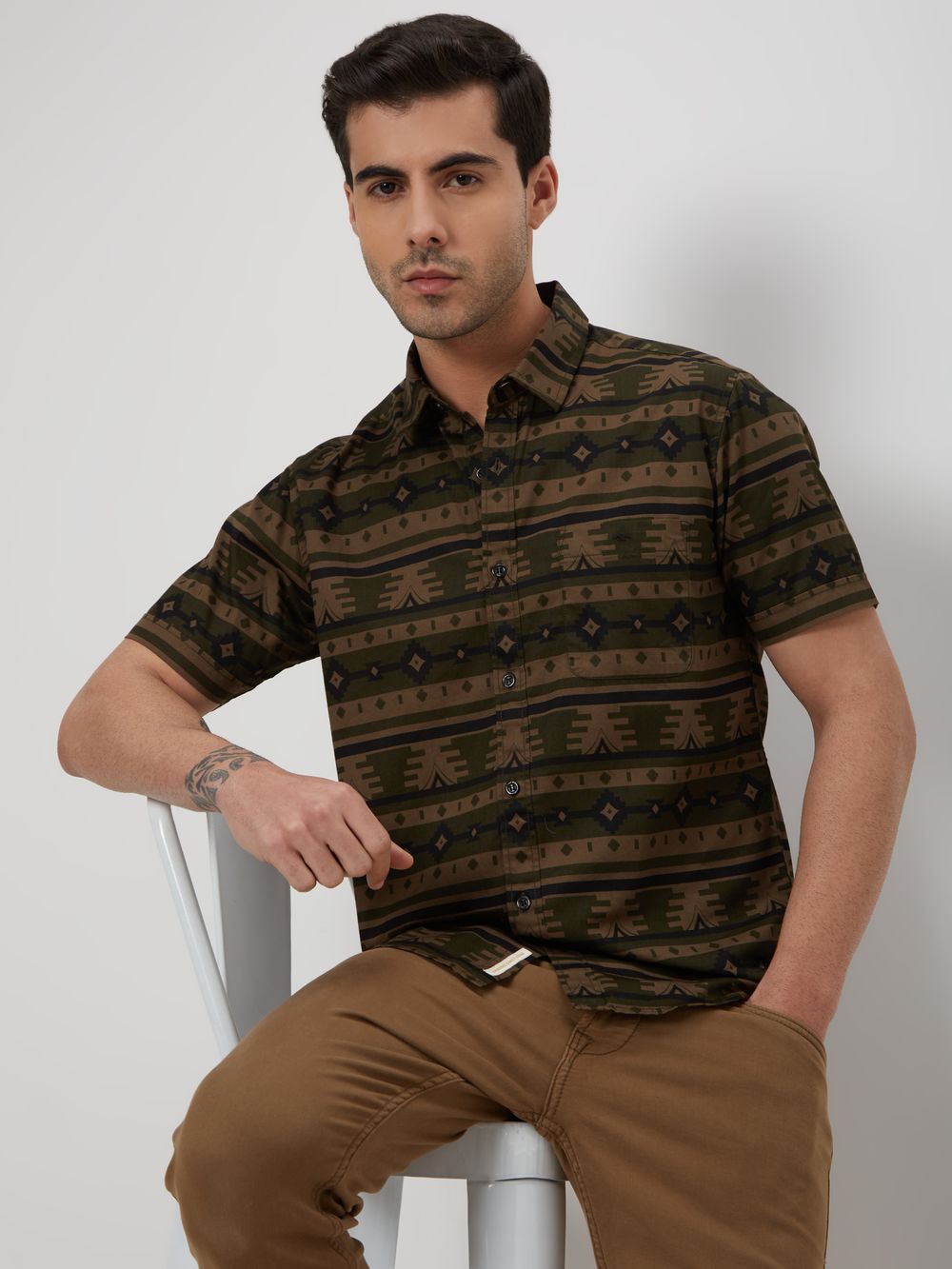 Olive Tonal Print Slim Fit Casual Shirt