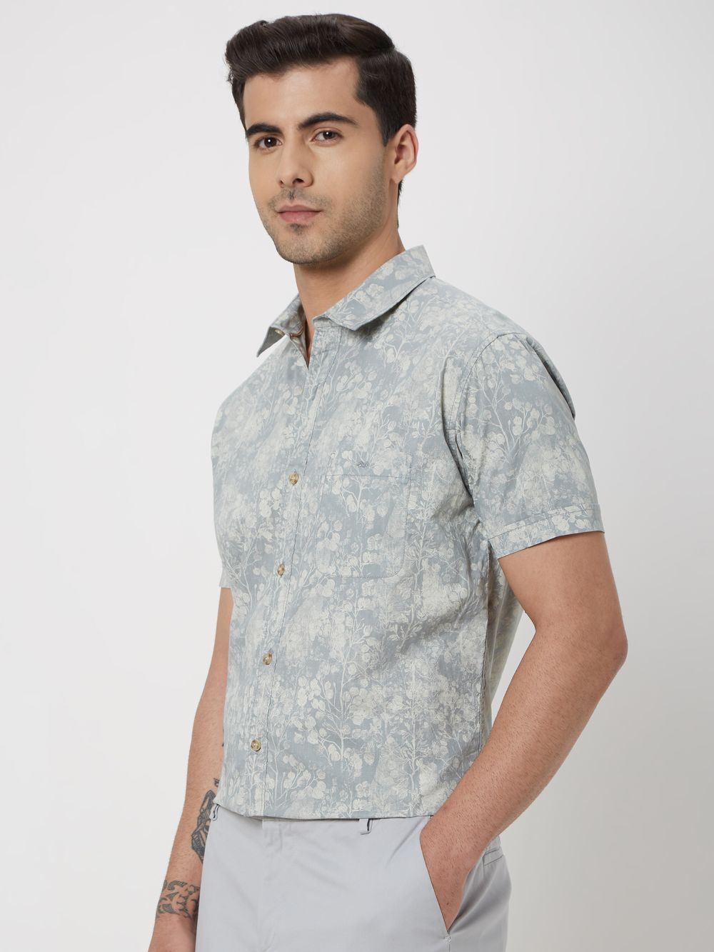 Grey Floral Print Slim Fit Casual Shirt