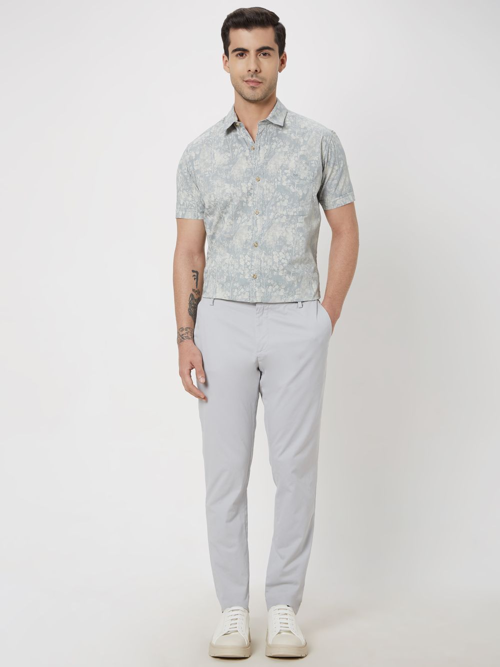 Grey Floral Print Slim Fit Casual Shirt