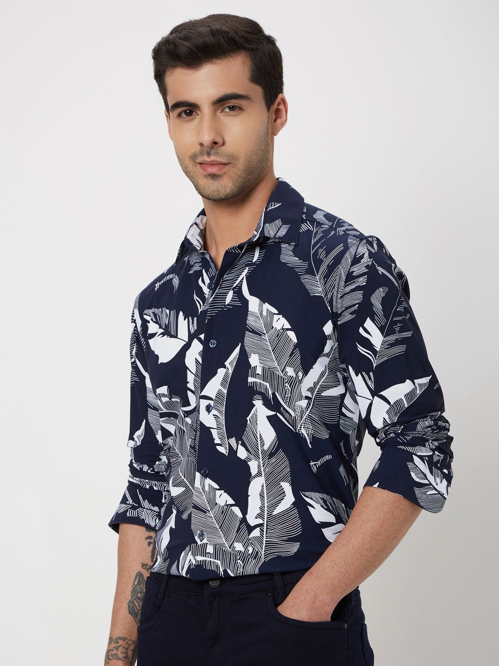 Navy & White Leaf Print Shirt