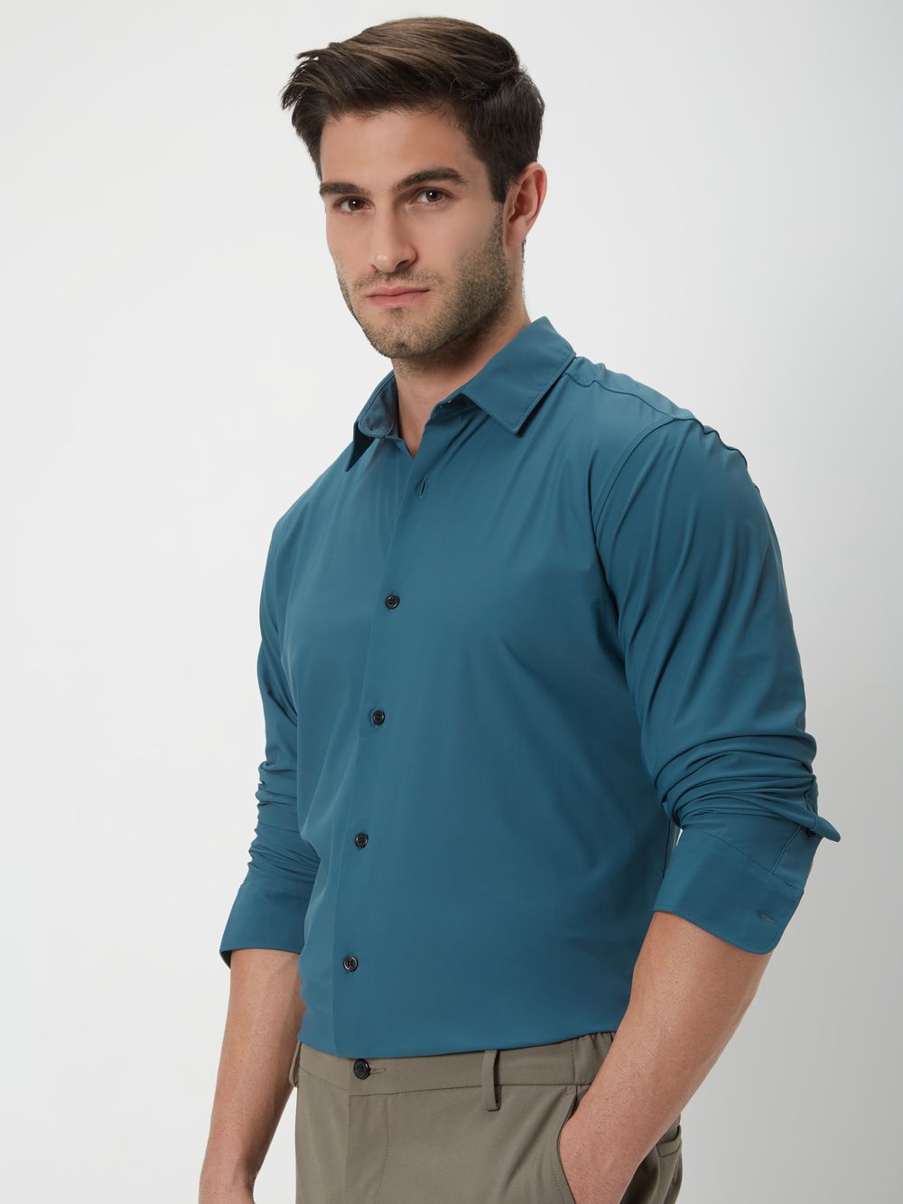 Green Knitted Plain Stretch Shirt