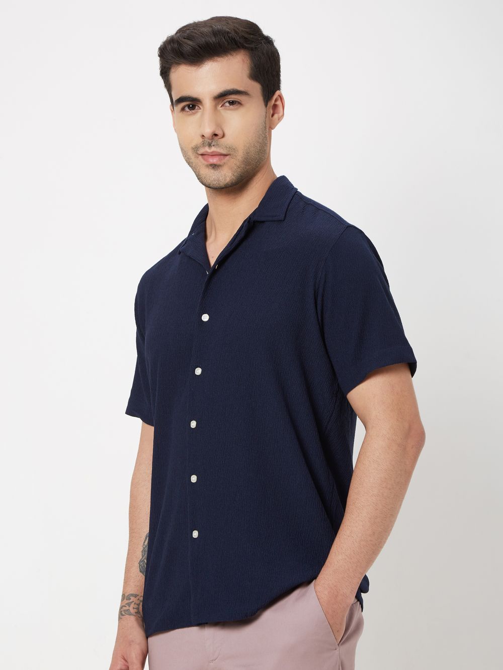 Navy Textured Plain Shirt