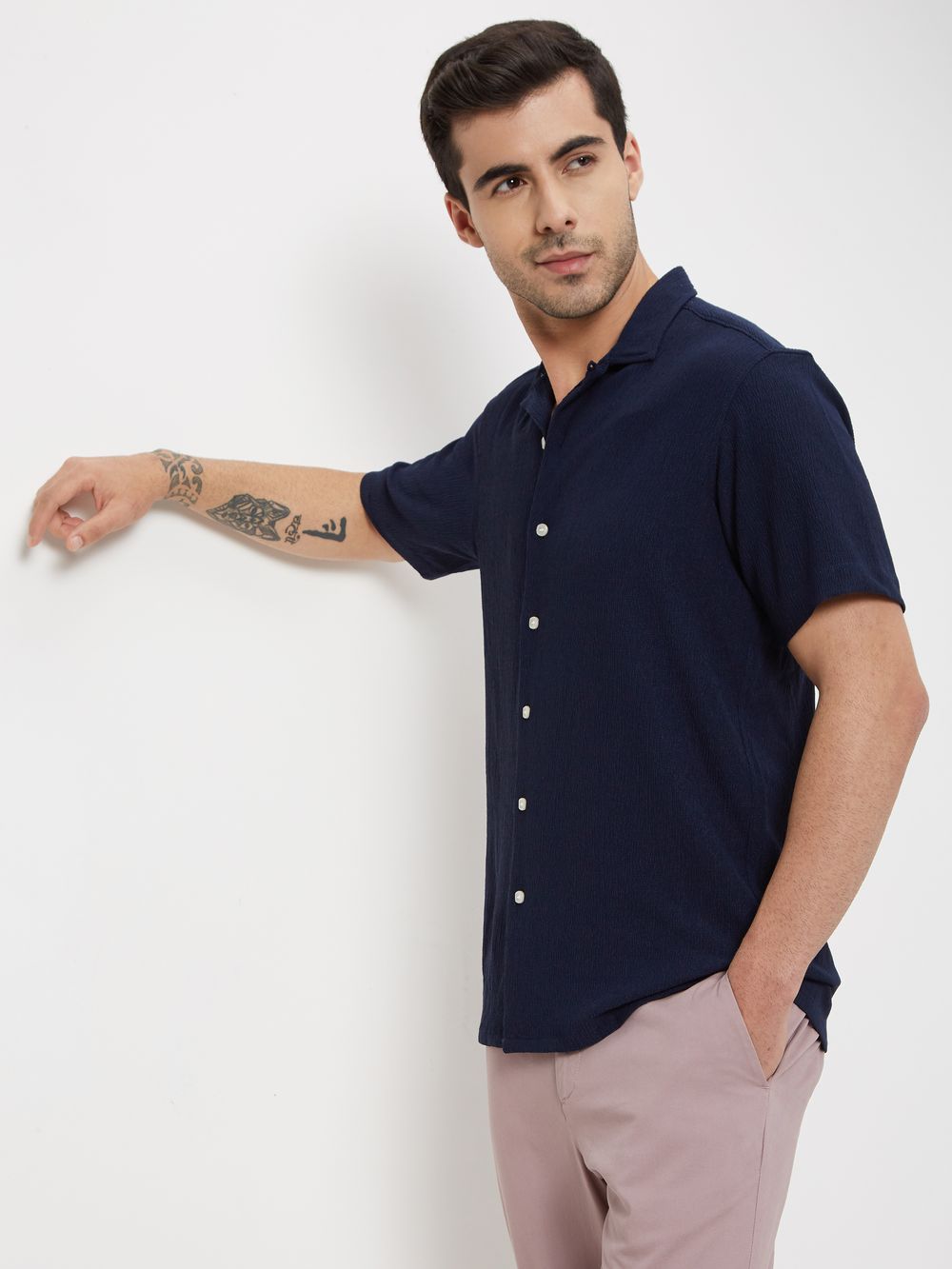 Navy Textured Plain Shirt