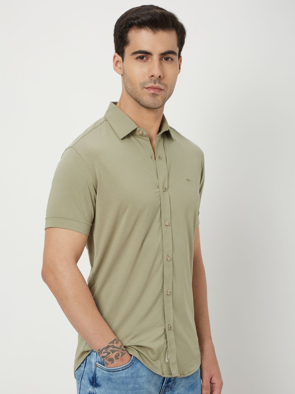 Light Olive Stretch Plain Shirt