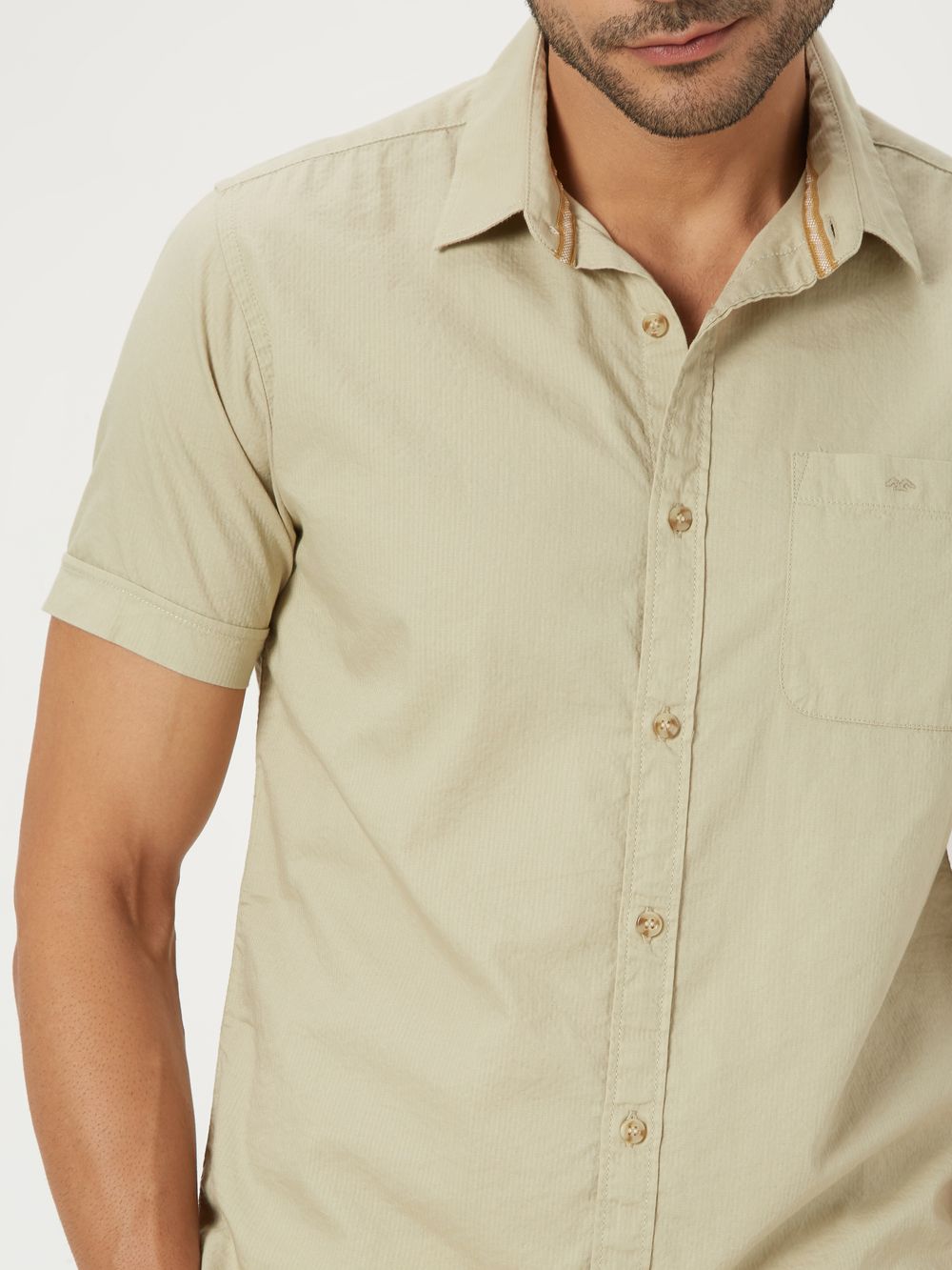 Light Khaki Textured Plain Slim Fit Casual Shirt