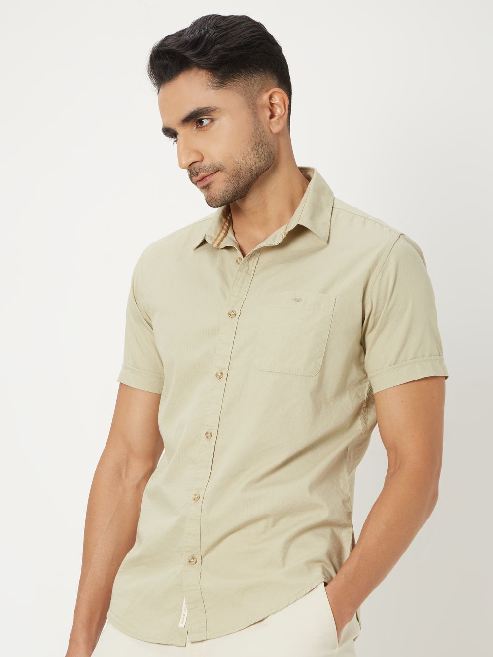 Light Khaki Textured Plain Slim Fit Casual Shirt