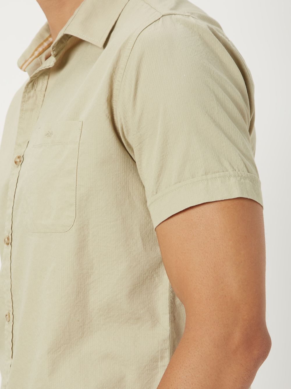 Light Khaki Textured Plain Slim Fit Casual Shirt