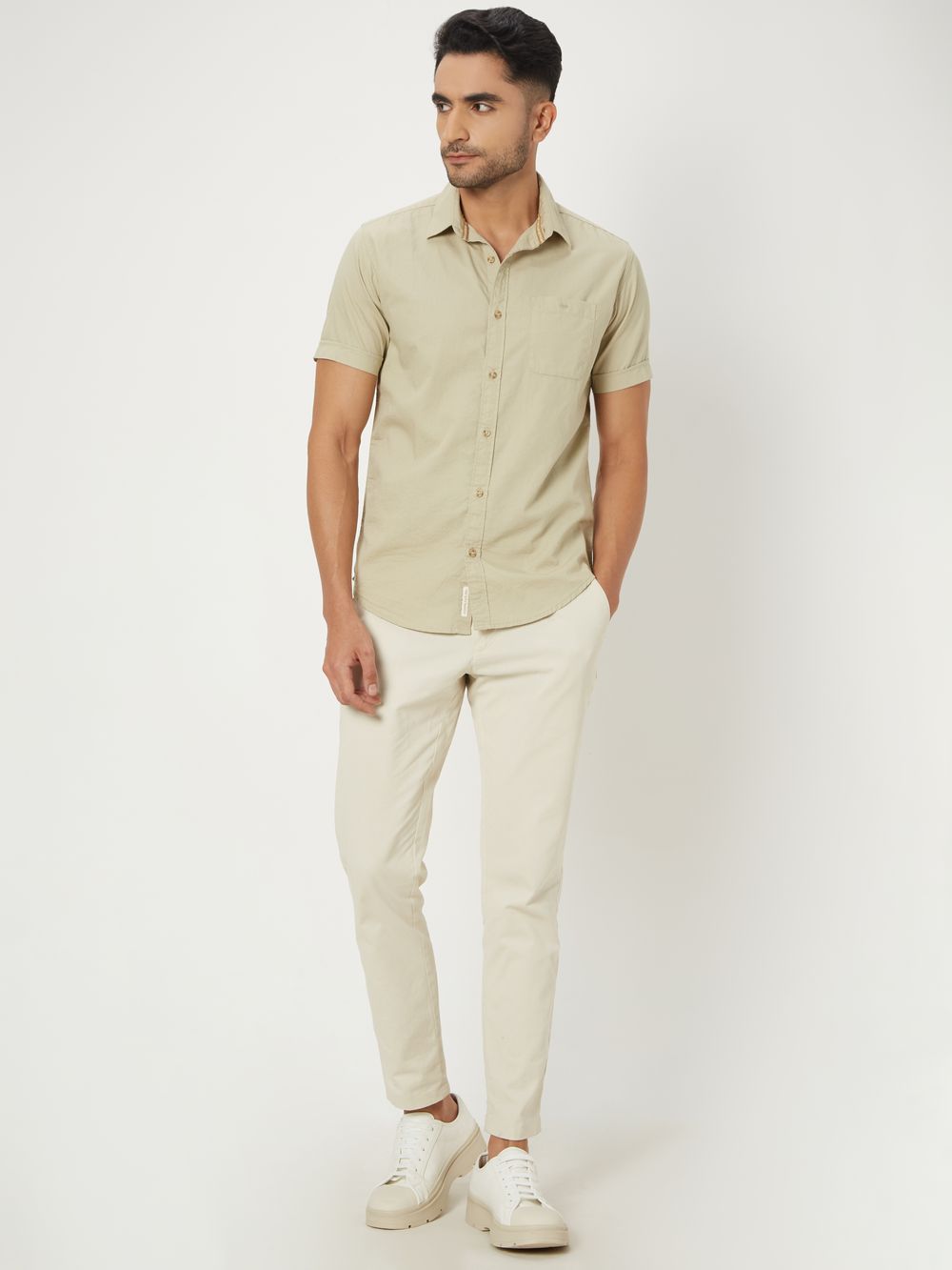 Light Khaki Textured Plain Slim Fit Casual Shirt