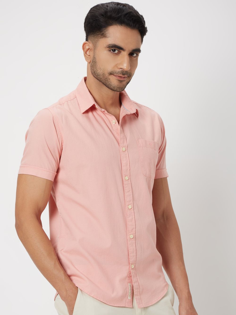 Pink Textured Plain Slim Fit Casual Shirt