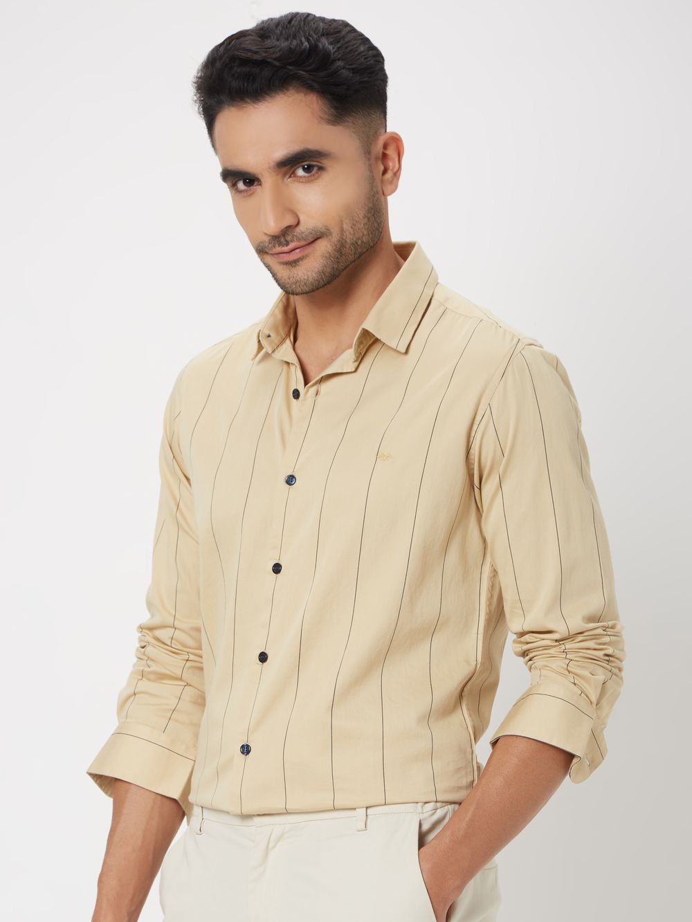 Beige Pin Stripe Slim Fit Casual Shirt