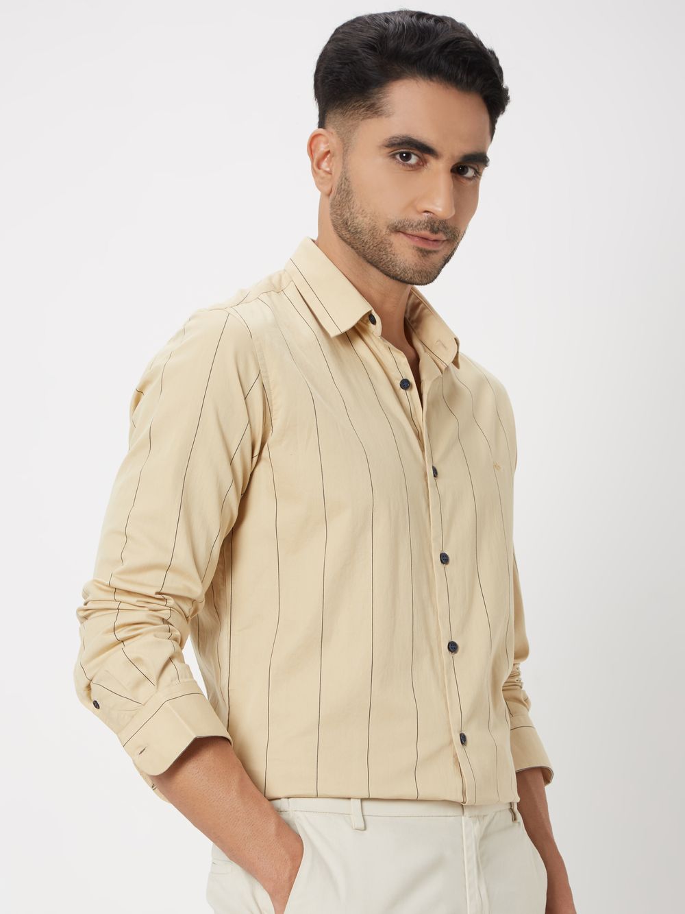 Beige Pin Stripe Slim Fit Casual Shirt