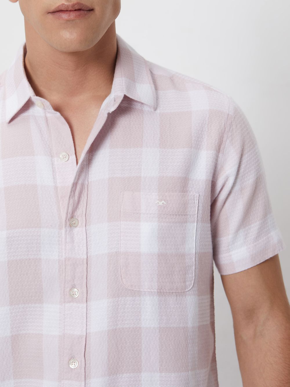 Pink & White Textured Check Slim Fit Casual Shirt