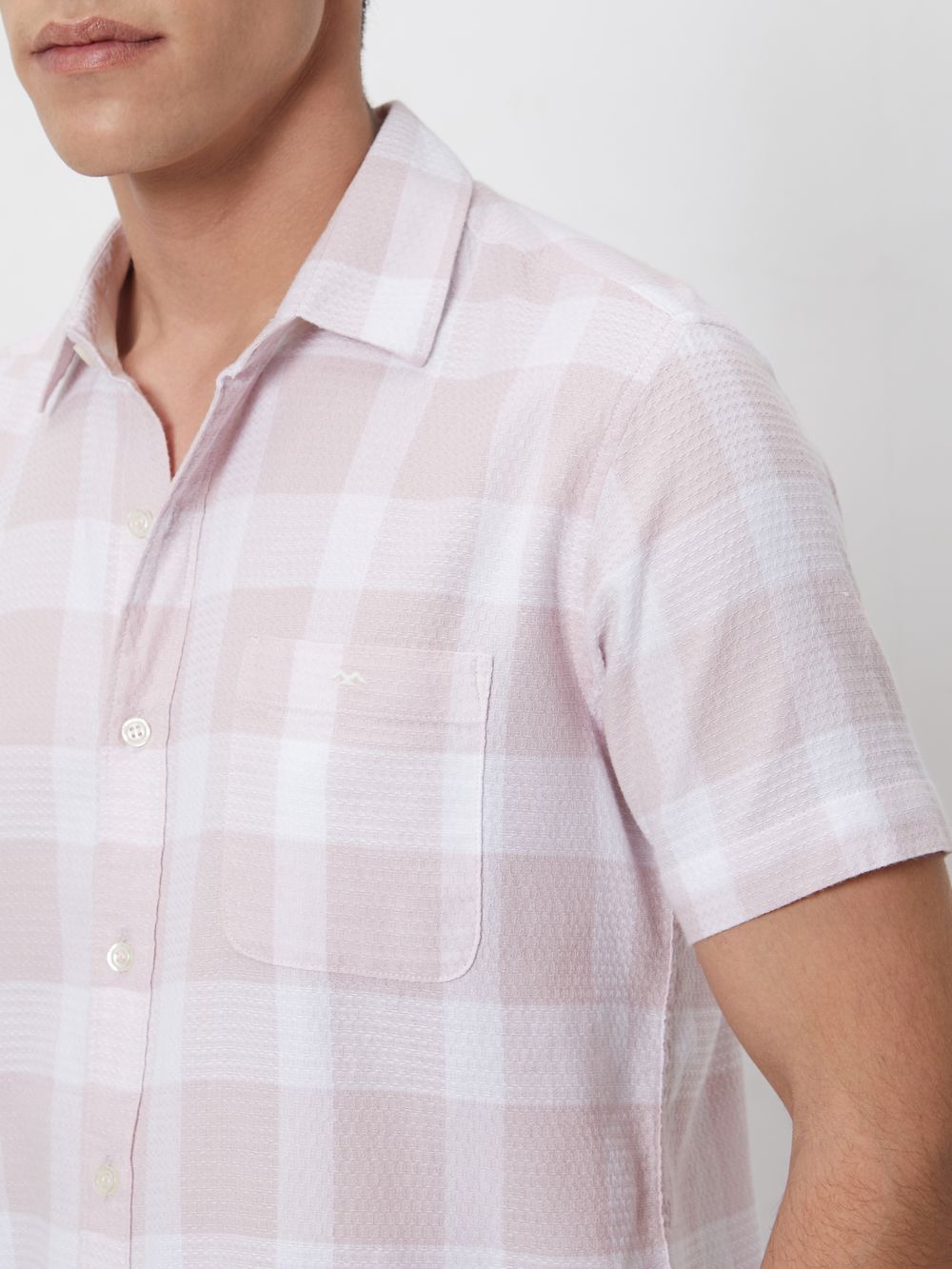 Pink & White Textured Check Slim Fit Casual Shirt