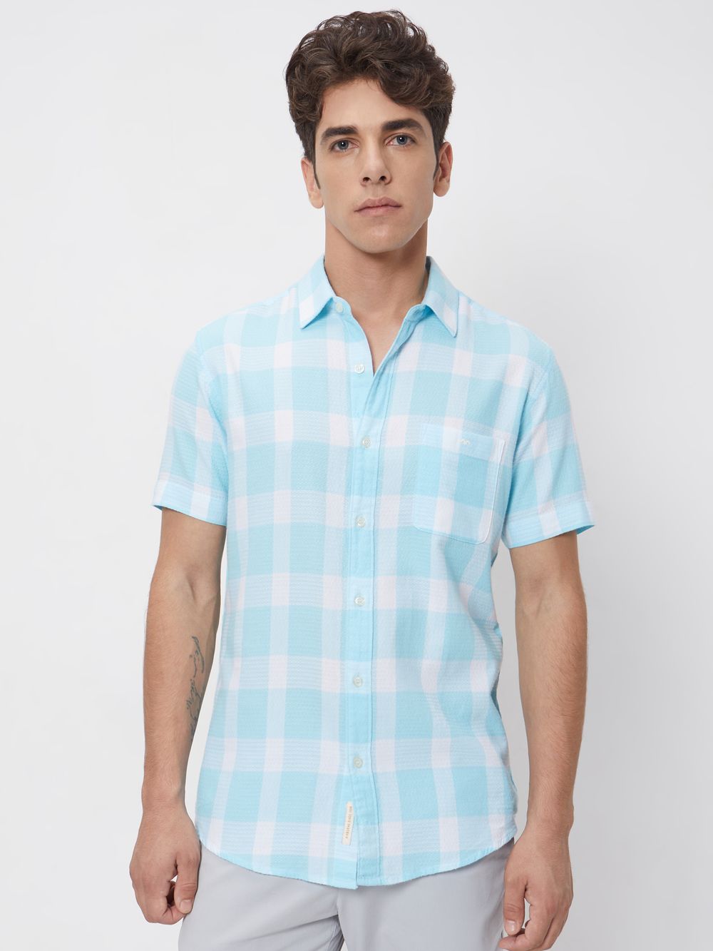 Turquoise & White Textured Check Slim Fit Casual Shirt