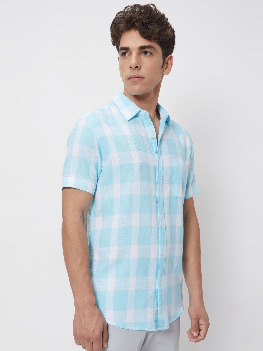 Turquoise & White Textured Check Slim Fit Casual Shirt