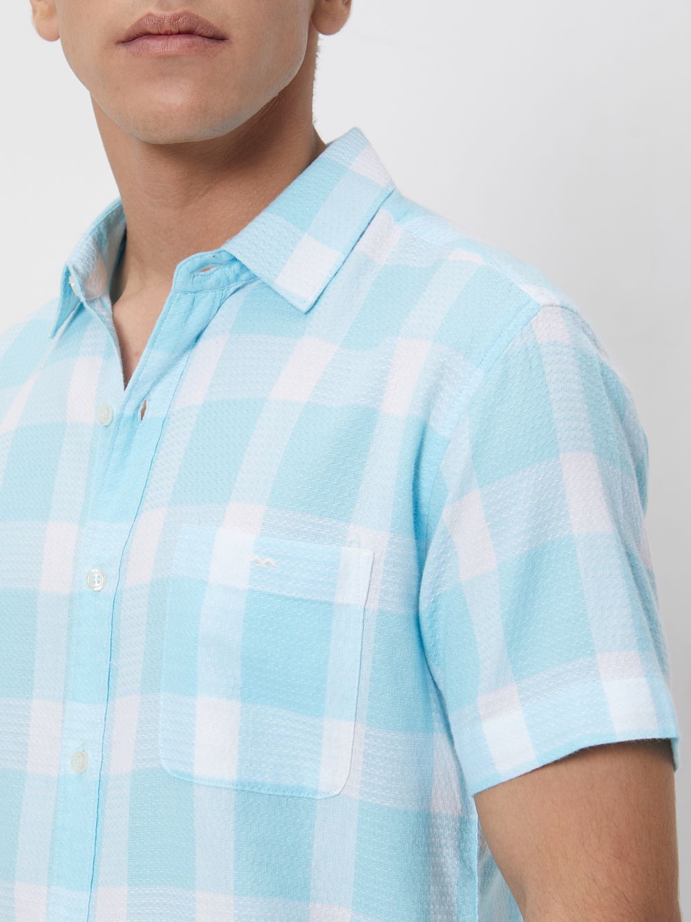 Turquoise & White Textured Check Slim Fit Casual Shirt