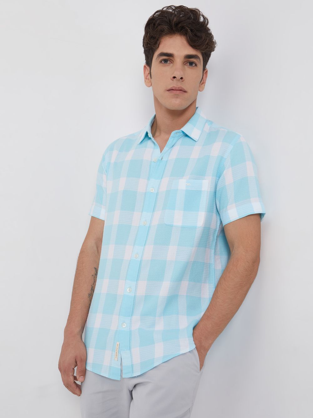 Turquoise & White Textured Check Slim Fit Casual Shirt