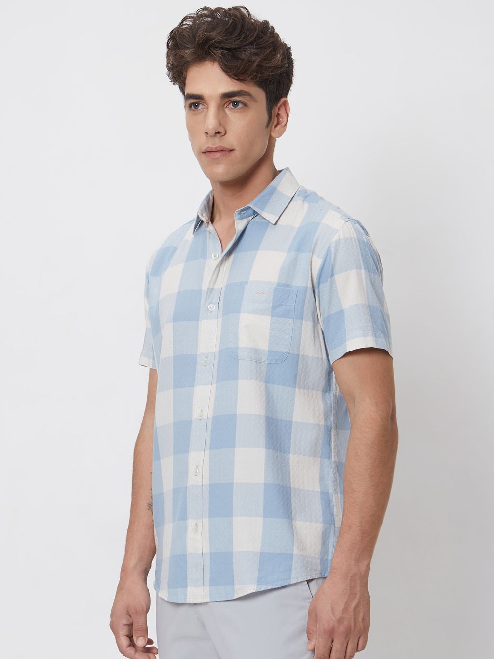 Light Blue Square Check Slim Fit Casual Shirt