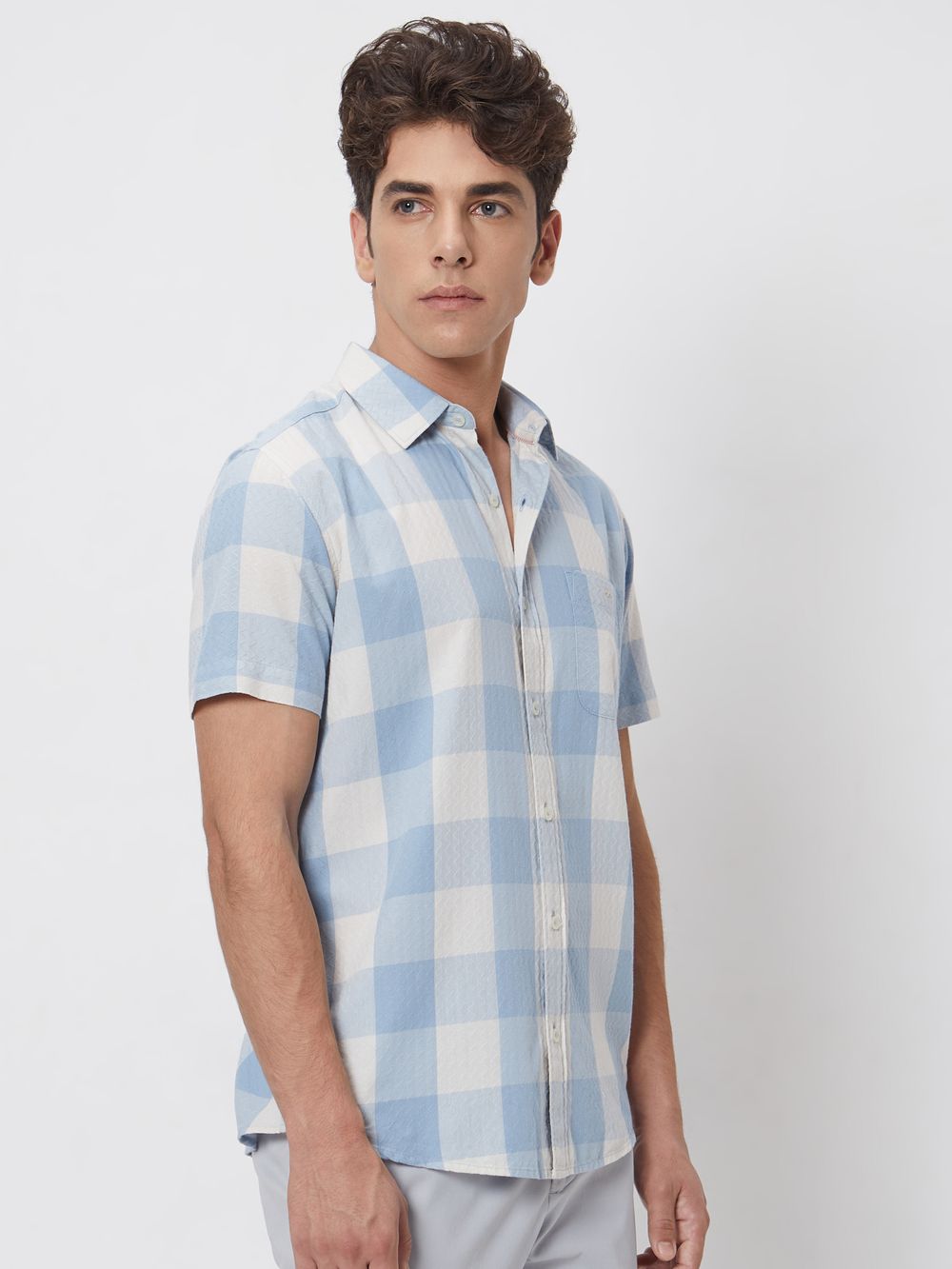 Light Blue Square Check Slim Fit Casual Shirt