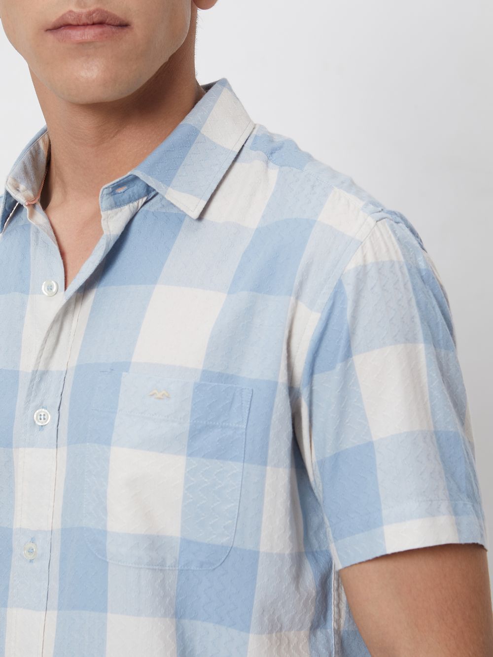 Light Blue Square Check Slim Fit Casual Shirt