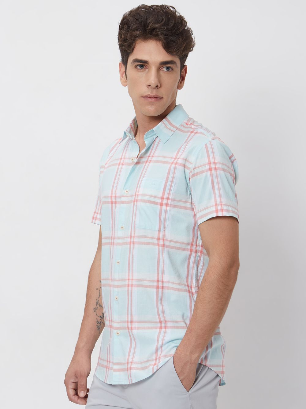 Turquoise Large Check Slim Fit Casual Shirt