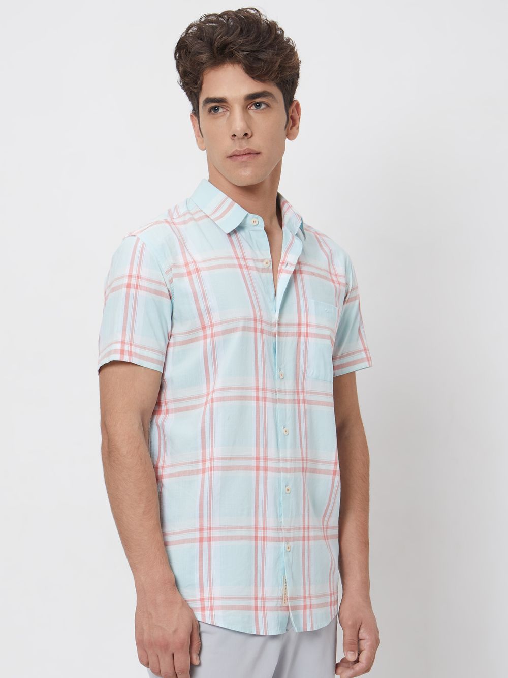 Turquoise Large Check Slim Fit Casual Shirt