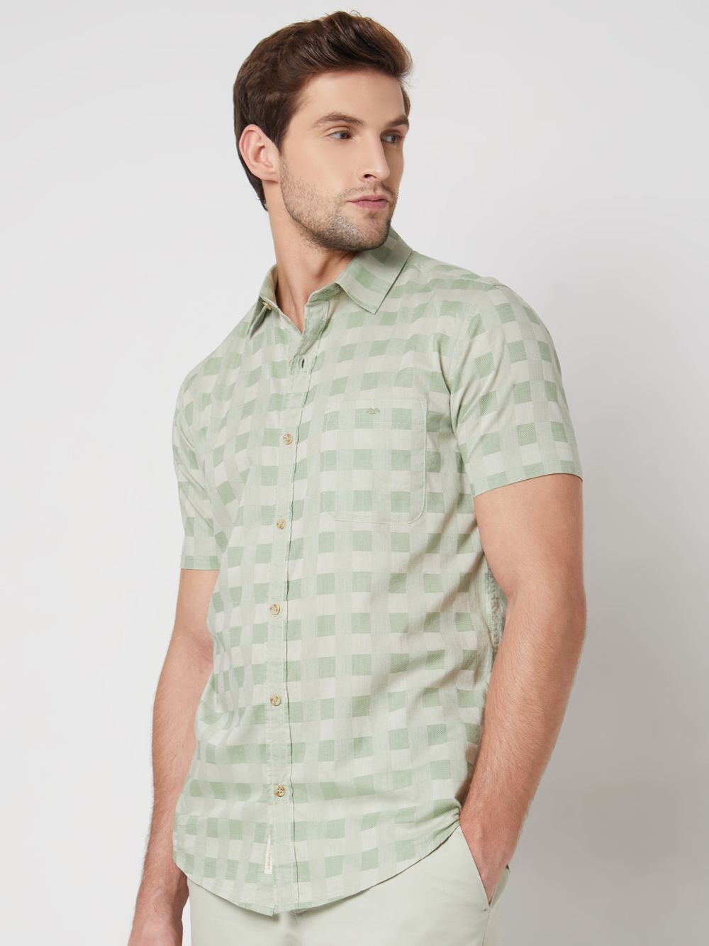 Light Olive Square Check Slim Fit Casual Shirt